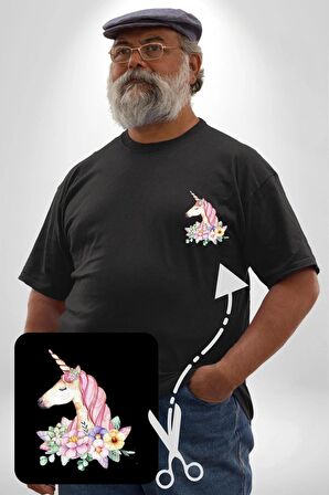 Unicorn Çiçek  Siyah Büyük Beden Kadın Basic Minimal Baskılı Tişört