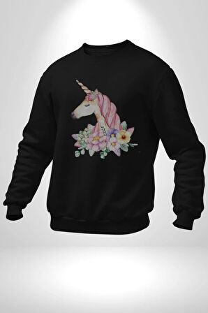 Unicorn Çiçek  Kadın Erkek  Siyah Baskılı Sweatshirt 
