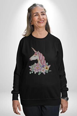Unicorn Çiçek  Kadın Erkek  Siyah Baskılı Sweatshirt 