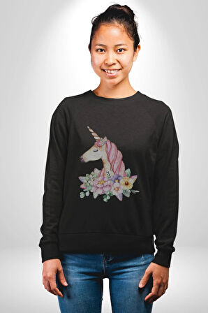 Unicorn Çiçek  Kadın Erkek  Siyah Baskılı Sweatshirt 