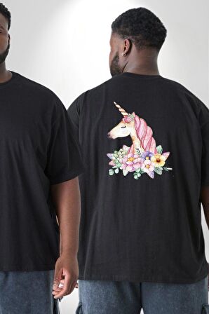Unicorn Çiçek  Büyük Beden Siyah Tişört Kadın Erkek Ünisex Sırt Baskılı