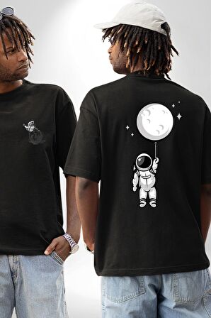 Astronot Ay Balon Siyah Oversize Kadın Erkek Ön ve Sırt Baskılı Tişört