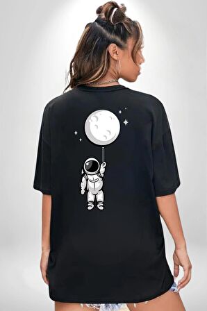 Astronot Ay Balon Siyah Oversize Kadın Erkek Ön ve Sırt Baskılı Tişört