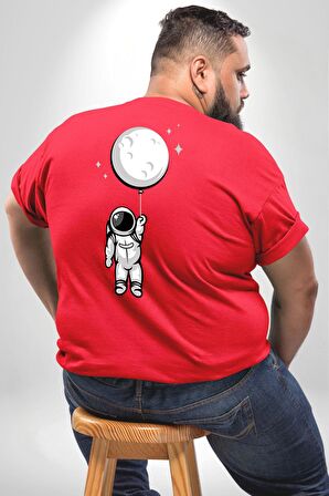 Astronot Ay Balon Büyük Beden Kırmızı Tişört Kadın Erkek Ünisex Sırt Baskılı