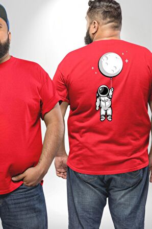 Astronot Ay Balon Büyük Beden Kırmızı Tişört Kadın Erkek Ünisex Sırt Baskılı