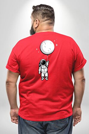 Astronot Ay Balon Büyük Beden Kırmızı Tişört Kadın Erkek Ünisex Sırt Baskılı