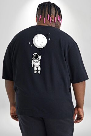 Astronot Ay Balon Büyük Beden Siyah Tişört Kadın Erkek Ünisex Sırt Baskılı