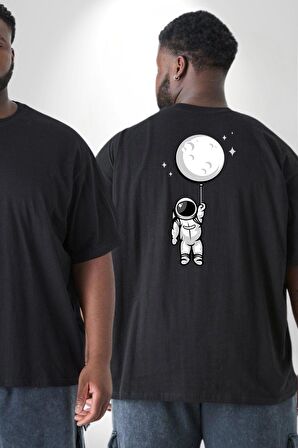 Astronot Ay Balon Büyük Beden Siyah Tişört Kadın Erkek Ünisex Sırt Baskılı