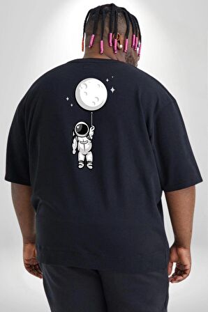 Astronot Ay Balon Büyük Beden Siyah Tişört Kadın Erkek Ünisex Sırt Baskılı