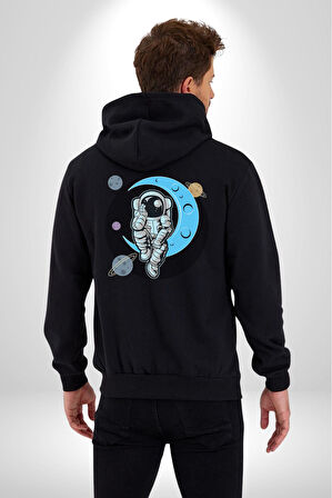 Astronot Uzayda Sıkılmış  Kadın Erkek Siyah Renk Kapüşonlu Kanguru Cepli  Fermuarlı Pamuklu Oversize Dijital Baskılı Hırka Sweatshirt