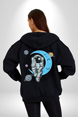 Astronot Uzayda Sıkılmış  Kadın Erkek Siyah Renk Kapüşonlu Kanguru Cepli  Fermuarlı Pamuklu Oversize Dijital Baskılı Hırka Sweatshirt