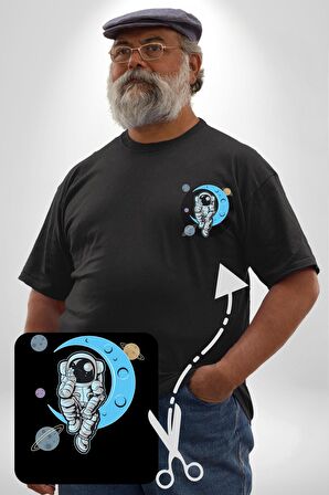 Astronot Uzayda Sıkılmış  Siyah Büyük Beden Kadın Basic Minimal Baskılı Tişört