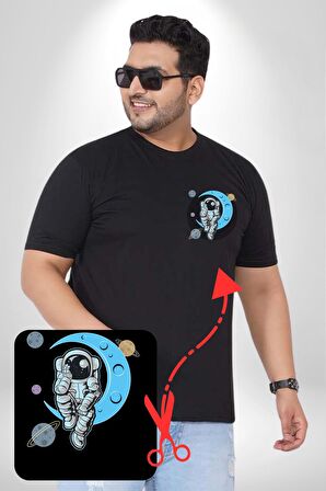 Astronot Uzayda Sıkılmış  Siyah Büyük Beden Kadın Basic Minimal Baskılı Tişört
