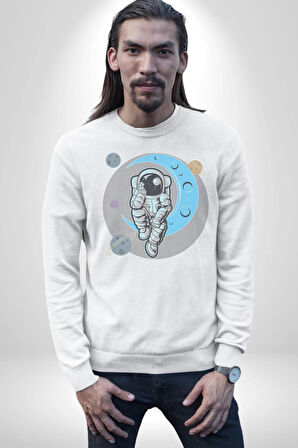 Astronot Uzayda Sıkılmış  Kadın Erkek  Beyaz Baskılı Sweatshirt 