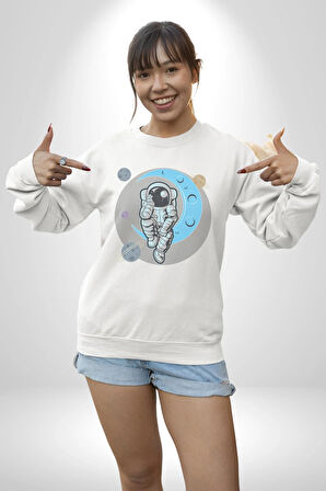 Astronot Uzayda Sıkılmış  Kadın Erkek  Beyaz Baskılı Sweatshirt 