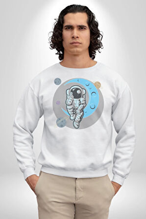 Astronot Uzayda Sıkılmış  Kadın Erkek  Beyaz Baskılı Sweatshirt 