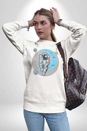 Astronot Uzayda Sıkılmış  Kadın Erkek  Beyaz Baskılı Sweatshirt 