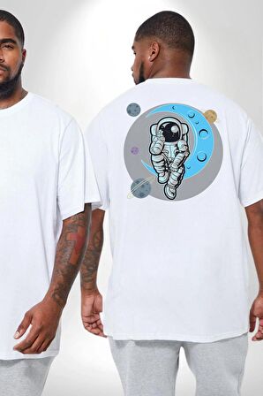 Astronot Uzayda Sıkılmış  Büyük Beden Beyaz Tişört Kadın Erkek Ünisex Sırt Baskılı