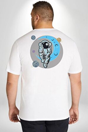 Astronot Uzayda Sıkılmış  Büyük Beden Beyaz Tişört Kadın Erkek Ünisex Sırt Baskılı
