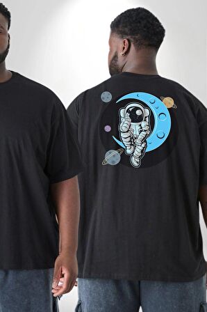Astronot Uzayda Sıkılmış  Büyük Beden Siyah Tişört Kadın Erkek Ünisex Sırt Baskılı