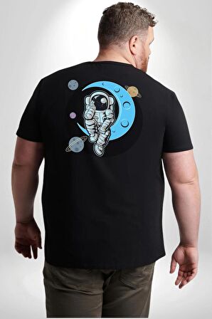 Astronot Uzayda Sıkılmış  Büyük Beden Siyah Tişört Kadın Erkek Ünisex Sırt Baskılı