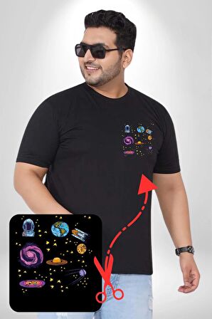 Uzay Figürleri Mars Ay Dünya Siyah Büyük Beden Kadın Basic Minimal Baskılı Tişört