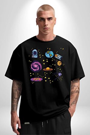 Uzay Figürleri Mars Ay Dünya Pamuklu Bisiklet Yaka Kadın Erkek Oversize Boyfriend Dijital Baskılı Siyah T-shirt