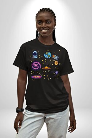 Uzay Figürleri Mars Ay Dünya Pamuklu Bisiklet Yaka Kadın Erkek Oversize Boyfriend Dijital Baskılı Siyah T-shirt