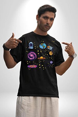 Uzay Figürleri Mars Ay Dünya Pamuklu Bisiklet Yaka Kadın Erkek Oversize Boyfriend Dijital Baskılı Siyah T-shirt