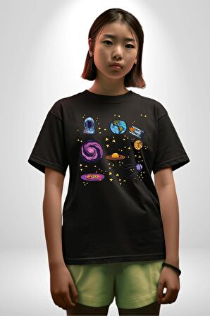 Uzay Figürleri Mars Ay Dünya Pamuklu Bisiklet Yaka Kadın Erkek Oversize Boyfriend Dijital Baskılı Siyah T-shirt