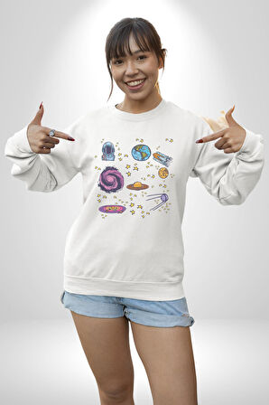 Uzay Figürleri Mars Ay Dünya Kadın Erkek  Beyaz Baskılı Sweatshirt 