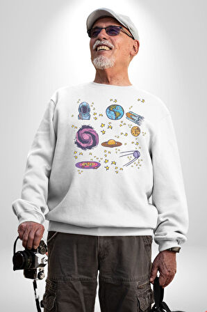 Uzay Figürleri Mars Ay Dünya Kadın Erkek  Beyaz Baskılı Sweatshirt 