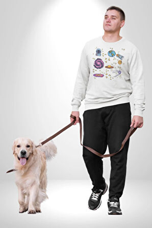 Uzay Figürleri Mars Ay Dünya Kadın Erkek  Beyaz Baskılı Sweatshirt 