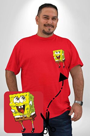 Spongebob Mutlu Karakter  Kırmızı Büyük Beden Kadın Basic Minimal Baskılı Tişört