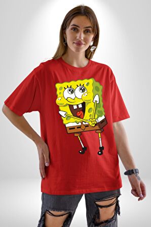 Spongebob Mutlu Karakter  Pamuklu Bisiklet Yaka Kadın Erkek Oversize Boyfriend Dijital Baskılı Kırmızı T-Shirt