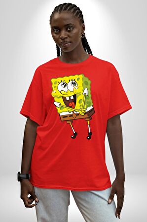 Spongebob Mutlu Karakter  Pamuklu Bisiklet Yaka Kadın Erkek Oversize Boyfriend Dijital Baskılı Kırmızı T-Shirt