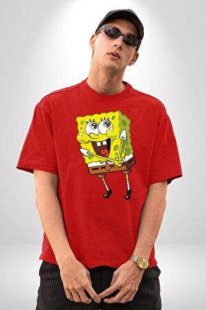 Spongebob Mutlu Karakter  Pamuklu Bisiklet Yaka Kadın Erkek Oversize Boyfriend Dijital Baskılı Kırmızı T-Shirt