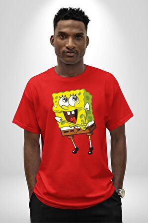 Spongebob Mutlu Karakter  Pamuklu Bisiklet Yaka Kadın Erkek Oversize Boyfriend Dijital Baskılı Kırmızı T-Shirt