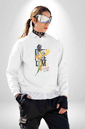 Özgür Doğmuş Yükseklerden Ucalım Kadın Erkek  Beyaz Baskılı Sweatshirt 