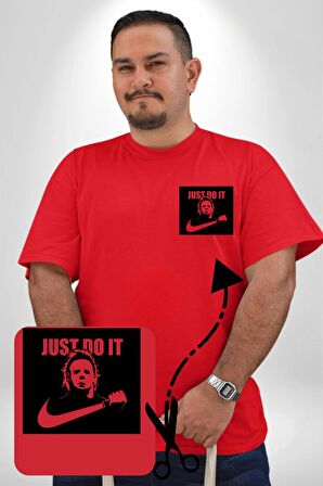 Michael Myers Just Do It Korku Filmleri Cadılar Bayramı Kırmızı Büyük Beden Kadın Basic Minimal Baskılı Tişört