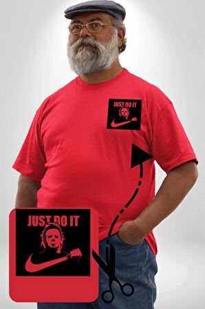 Michael Myers Just Do It Korku Filmleri Cadılar Bayramı Kırmızı Büyük Beden Kadın Basic Minimal Baskılı Tişört