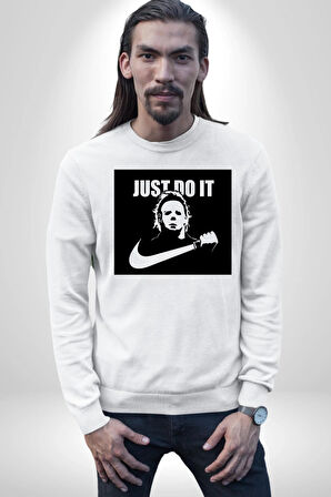 Michael Myers Just Do It Korku Filmleri Cadılar Bayramı Kadın Erkek Beyaz Sweatshirt 