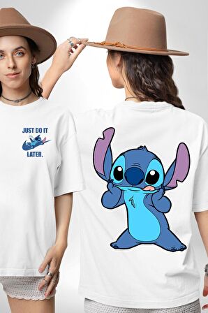 Lilo and Stitch Çizgi Film Animasyon  Beyaz Oversize Kadın Erkek Ön ve Sırt Baskılı Tişört