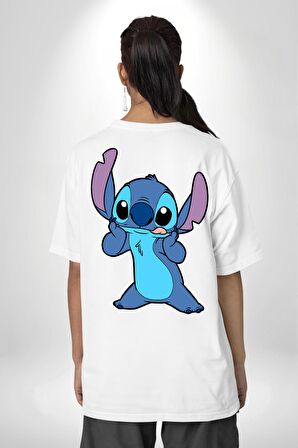 Lilo and Stitch Çizgi Film Animasyon  Beyaz Oversize Kadın Erkek Ön ve Sırt Baskılı Tişört