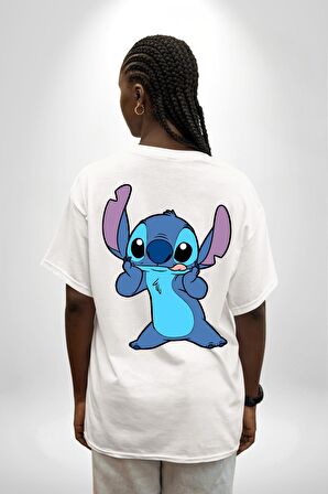 Lilo and Stitch Çizgi Film Animasyon  Beyaz Oversize Kadın Erkek Ön ve Sırt Baskılı Tişört