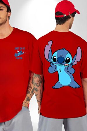 Lilo and Stitch Çizgi Film Animasyon  Kırmızı Oversize Kadın Erkek Ön ve Sırt Baskılı Tişört