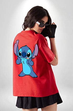 Lilo and Stitch Çizgi Film Animasyon  Kırmızı Oversize Kadın Erkek Ön ve Sırt Baskılı Tişört