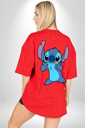 Lilo and Stitch Çizgi Film Animasyon  Kırmızı Oversize Kadın Erkek Ön ve Sırt Baskılı Tişört