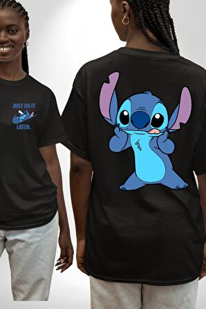 Lilo and Stitch Çizgi Film Animasyon  Siyah Oversize Kadın Erkek Ön ve Sırt Baskılı Tişört