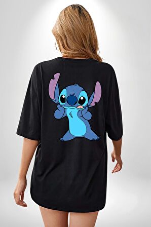Lilo and Stitch Çizgi Film Animasyon  Siyah Oversize Kadın Erkek Ön ve Sırt Baskılı Tişört
